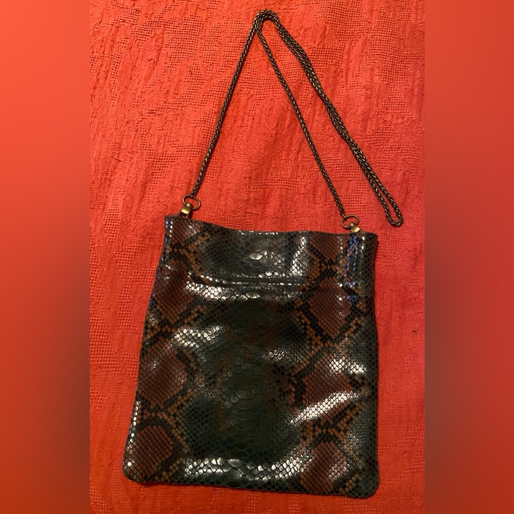 Free people green & brown leather snake print bag with gold brass chain.